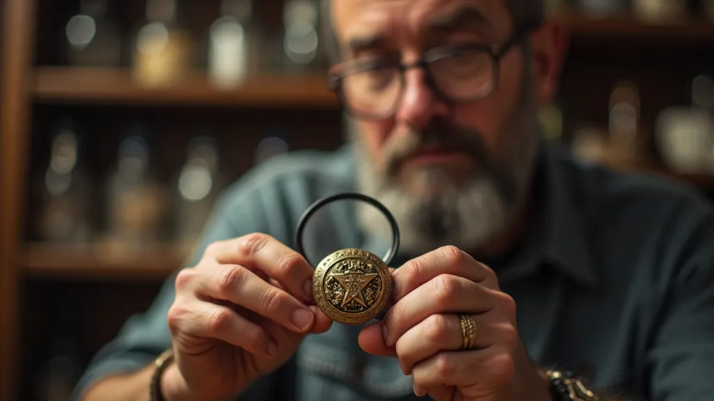 Collector inspecting a military button with a magnifying glass