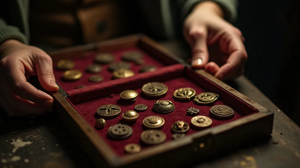 Collector arranging antique buttons