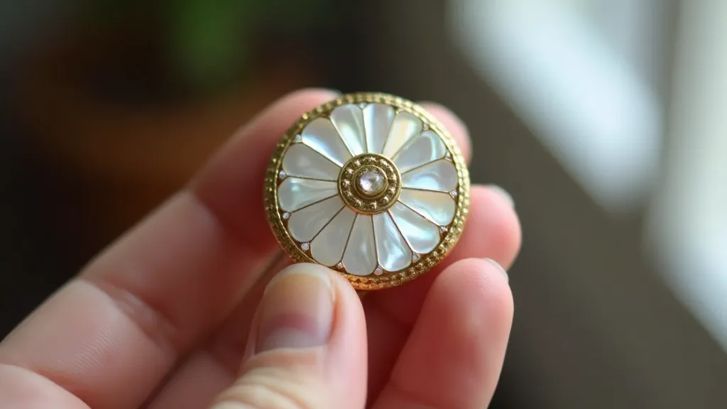 Victorian mother-of-pearl button in hand